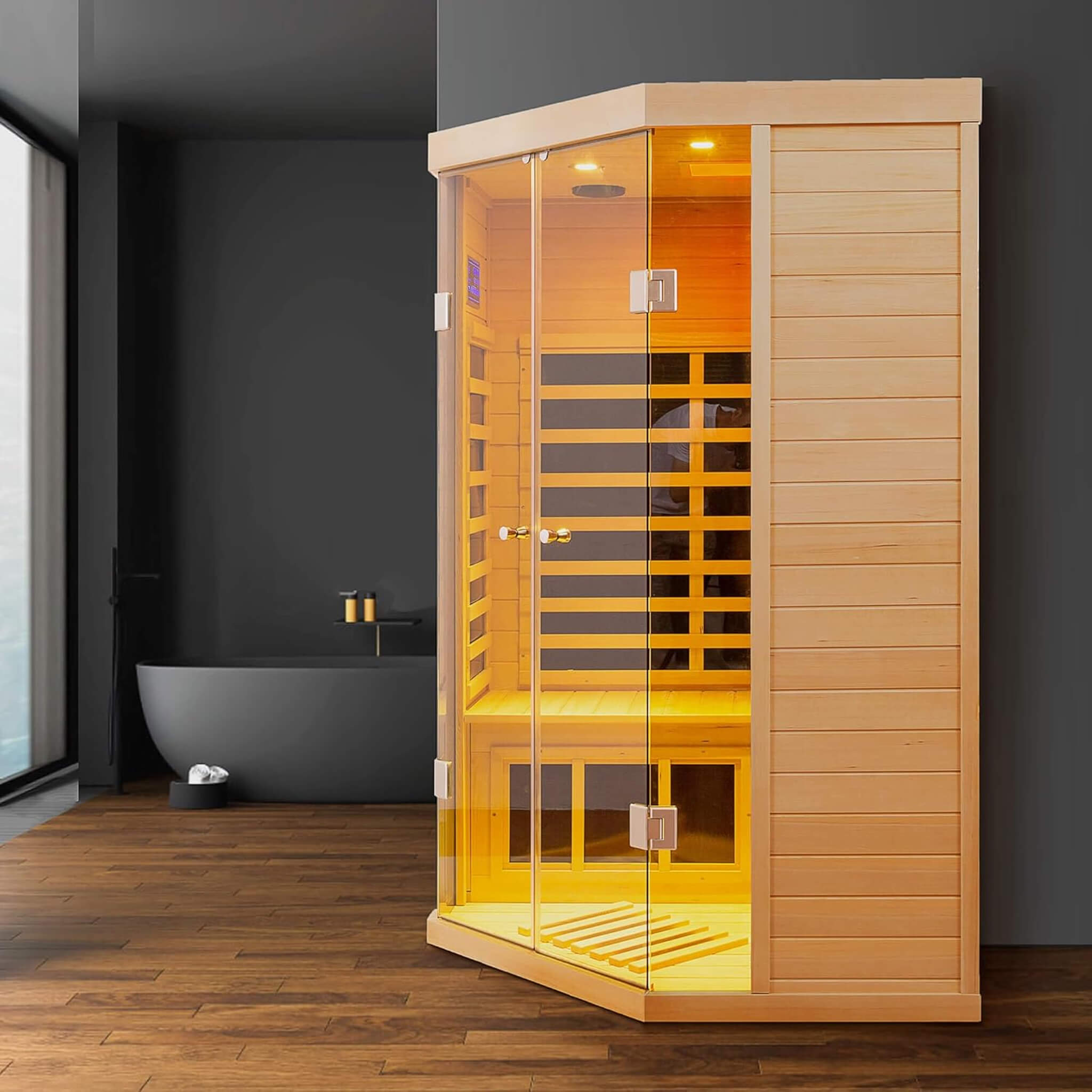 Thermora Premium 2-Person Corner Space Infrared Wooden Sauna Room With Bluetooth Speakers, 1600W (SAK81524)